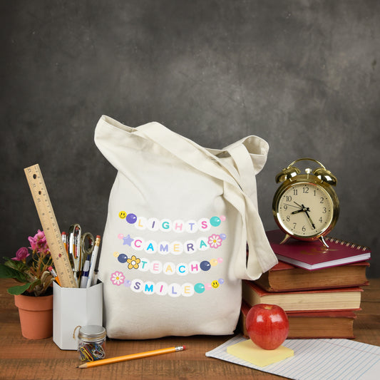 Lights, Camera, Teach, Smile Canvas Tote